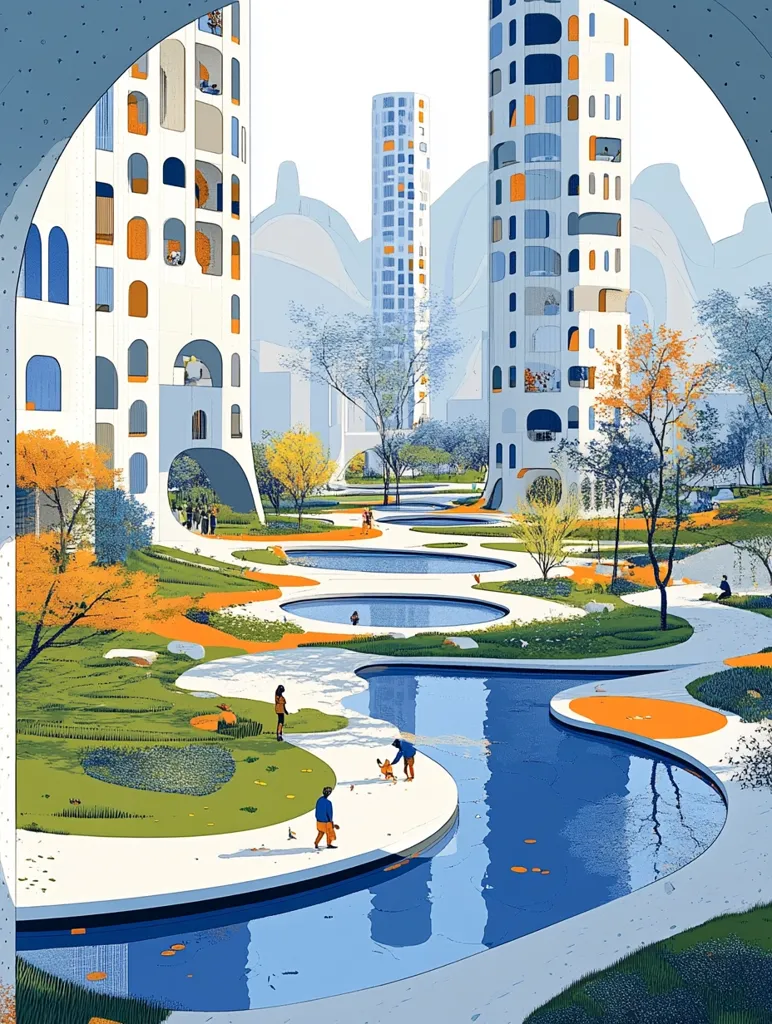 An illustration depicts a futuristic cityscape integrated with nature.  Tall, cylindrical buildings with arched windows and balconies are surrounded by a meandering waterway and landscaped gardens.  People stroll along pathways, enjoying the serene outdoor space. The style is clean and modern, with a harmonious blend of architecture and greenery.  Autumnal colors accent the landscape.