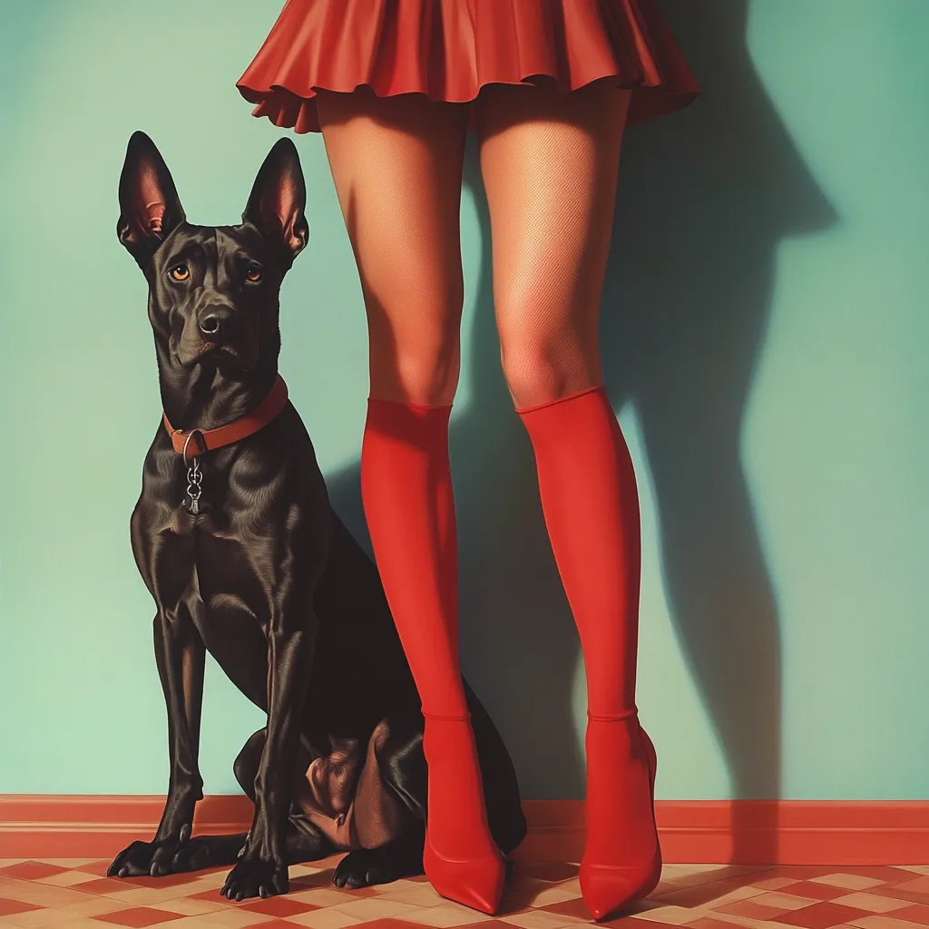 A hyperrealistic painting depicts a woman's legs in red stockings and heels standing beside a black dog. The woman wears a red mini-skirt, and the dog is seated calmly. The background is a teal wall, and the floor is a diamond patterned tile. The overall style is reminiscent of vintage pin-up art with a modern, polished execution.