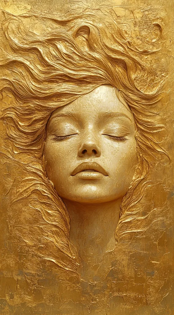 A golden bas-relief sculpture depicts a woman's face and flowing hair.  Her eyes are closed, and her expression is serene.  The gold is richly textured, creating depth and movement in both the hair and facial features. The background is a textured gold, complementing the figure. The overall effect is one of elegance and tranquility.