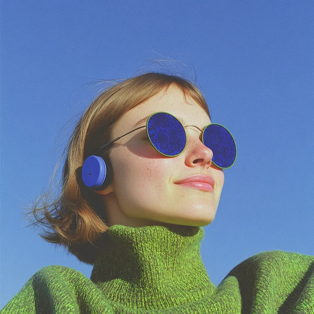 A young woman with short brown hair wears vibrant green turtleneck sweater, blue circular headphones, and round, dark blue sunglasses with green frames.  Her face is tilted upward, gazing into a clear blue sky. The overall aesthetic is bright, cheerful, and slightly retro.