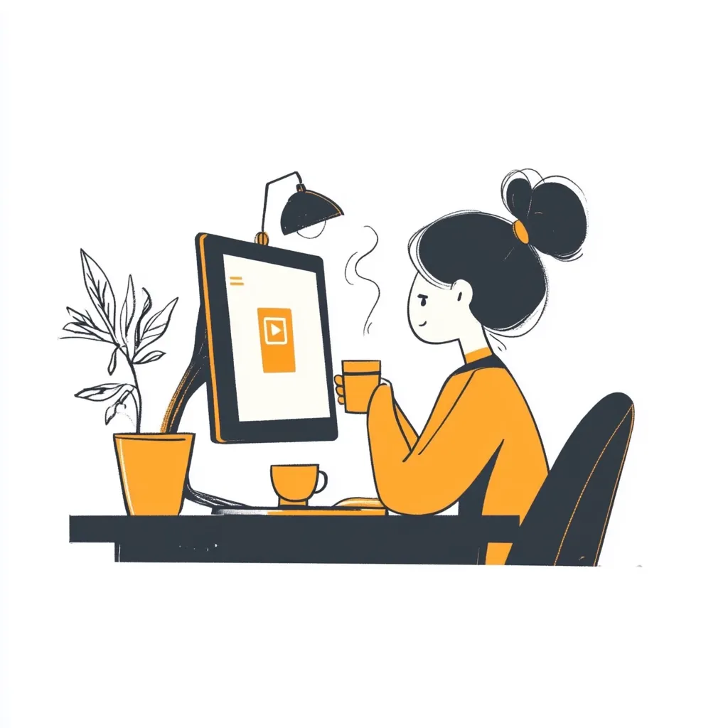 A stylized illustration depicts a young woman sitting at a desk, enjoying a warm beverage while working on her computer.  The computer screen displays a play button, suggesting she might be watching a video or online course.  A small plant sits on the desk beside her, adding a touch of nature to her workspace. The overall style is minimalist and modern, with a warm color palette.