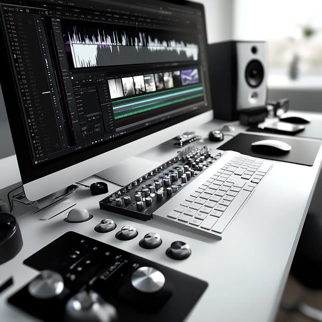 A sleek, modern audio/video editing workstation is shown. A large computer monitor displays video editing software, with a timeline and audio waveforms visible. A white keyboard, mixing console, and various control knobs are arranged on a clean white desk. Studio monitors and a mouse complete the setup, suggesting a professional digital audio workstation environment.
