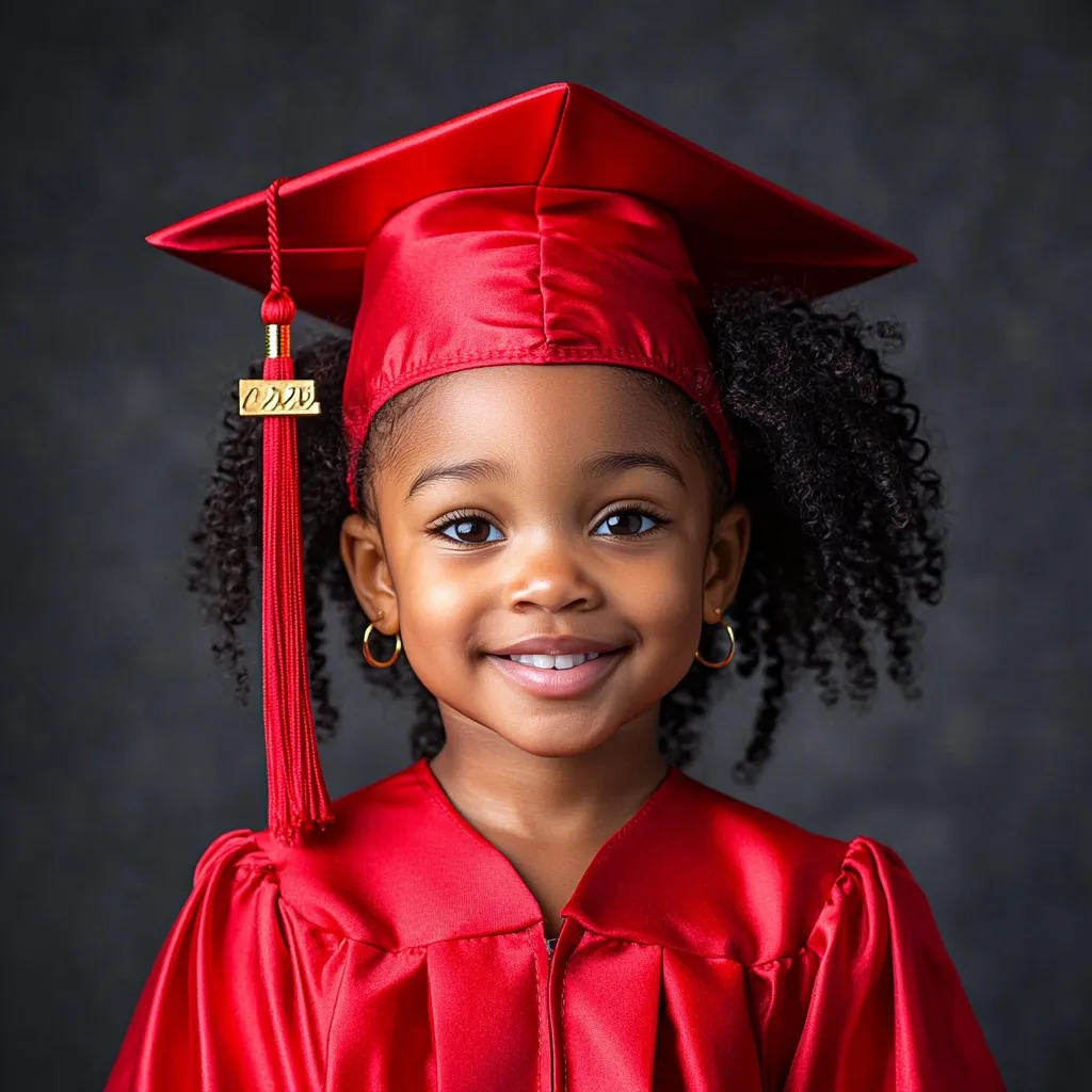A portrait of a young Black girl wearing a red graduation cap and gown. She has a broad smile and her dark, curly hair frames her face. The gold lettering on the graduation tassel reads "022V".  The child looks directly at the camera, radiating joy and accomplishment. The background is a dark, neutral tone.