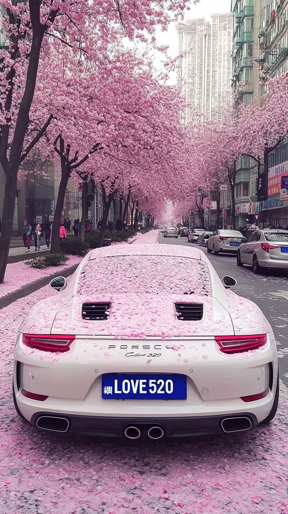 A white Porsche 911 Carrera S20 is parked on a city street lined with blossoming cherry trees.  Pink petals cover the car and the ground, creating a picturesque scene. The license plate reads "LOVE 520".  Buildings flank the street, and other cars are visible in the background.  The overall ambiance is romantic and serene.