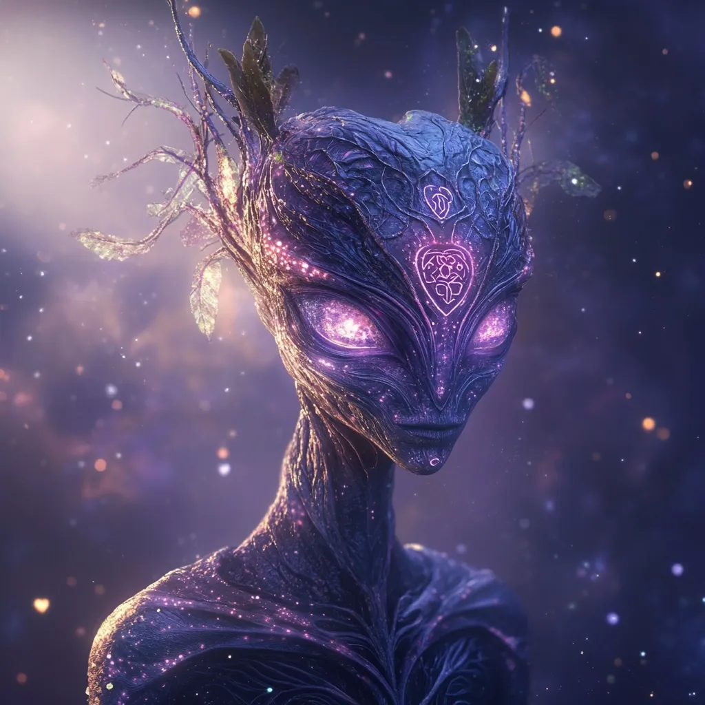 A digital painting of an otherworldly being.  The creature has a humanoid form with purplish-grey skin resembling bark, adorned with glowing pink veins and intricate patterns.  Branches and leaves sprout from its head, blending its form with nature.  Large, luminous eyes and a serene expression convey a sense of ancient wisdom and ethereal beauty against a cosmic backdrop.  The overall effect is mystical and captivating.
