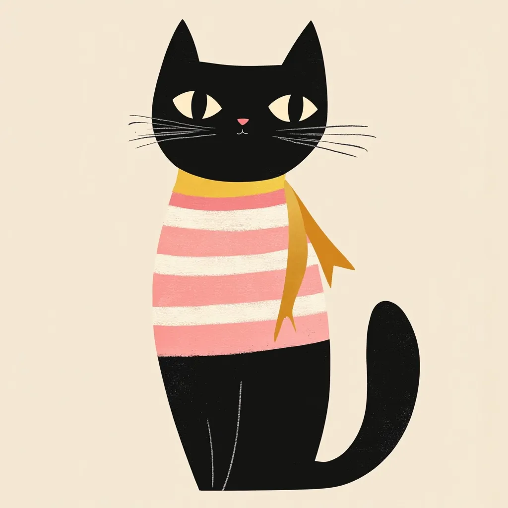 A stylish black cat sits elegantly, adorned in a pink and white striped sweater with a golden yellow scarf.  Its large, expressive eyes and delicate whiskers add to its charming demeanor. The minimalist art style gives the illustration a clean and modern feel, perfect for a greeting card or home décor. The cat's posture conveys a sense of quiet confidence and sophistication.