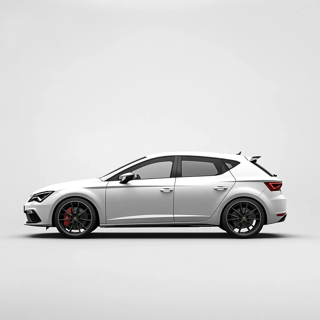A sleek, white SEAT Leon Cupra hatchback is showcased in a side profile view against a minimalist white background.  The car's sporty design is emphasized, highlighting its black alloy wheels and subtle aerodynamic features. The image is clean and modern, focusing solely on the vehicle's aesthetics.