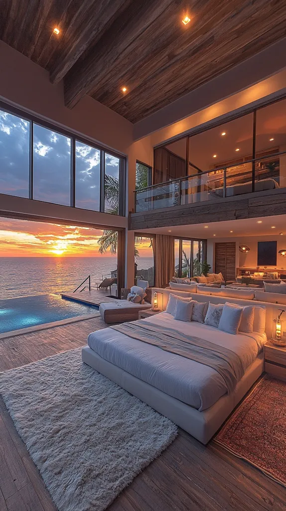 A luxurious bedroom boasts stunning ocean views at sunset.  Large windows and sliding doors open to a private infinity pool. The high-ceilinged room features a double-height space with a mezzanine level,  wooden beams, and warm lighting.  A plush king-sized bed is centered on a fluffy rug, creating a serene and opulent atmosphere.  The overall design is modern, minimalist, and emphasizes natural elements.
