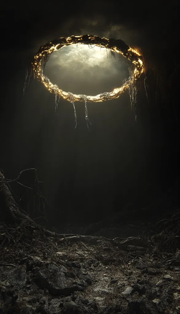 A luminous, ring-shaped portal hangs in the inky blackness above a desolate, dark landscape.  The ring glows with an ethereal light, its edges frayed and seemingly composed of organic material. Below, the ground is a chaotic mix of rocks, dirt, and exposed roots, suggesting a barren or post-apocalyptic environment.  The scene is both mysterious and foreboding.