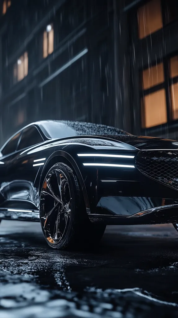 A sleek, black luxury car sits on a rain-slicked city street at night.  The vehicle's headlights illuminate subtly, reflecting the city lights in the wet pavement. Rain streaks down the building facades in the background, creating a dramatic, moody atmosphere. The car's design is modern and sharp, highlighted by its glistening, wet surface.