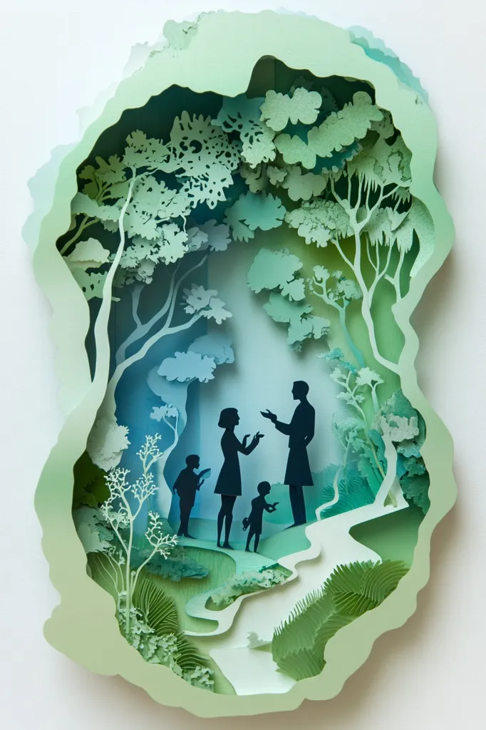 A stunning paper cut art piece depicts a family of four silhouetted within a lush, verdant forest. The parents stand centrally, engaged in conversation, while two children stand nearby.  Intricate layering and varying shades of green create depth and a sense of tranquility within the scene. The organic, irregular shape of the artwork frames the idyllic family moment.  The piece’s delicate detail and serene atmosphere is captivating.