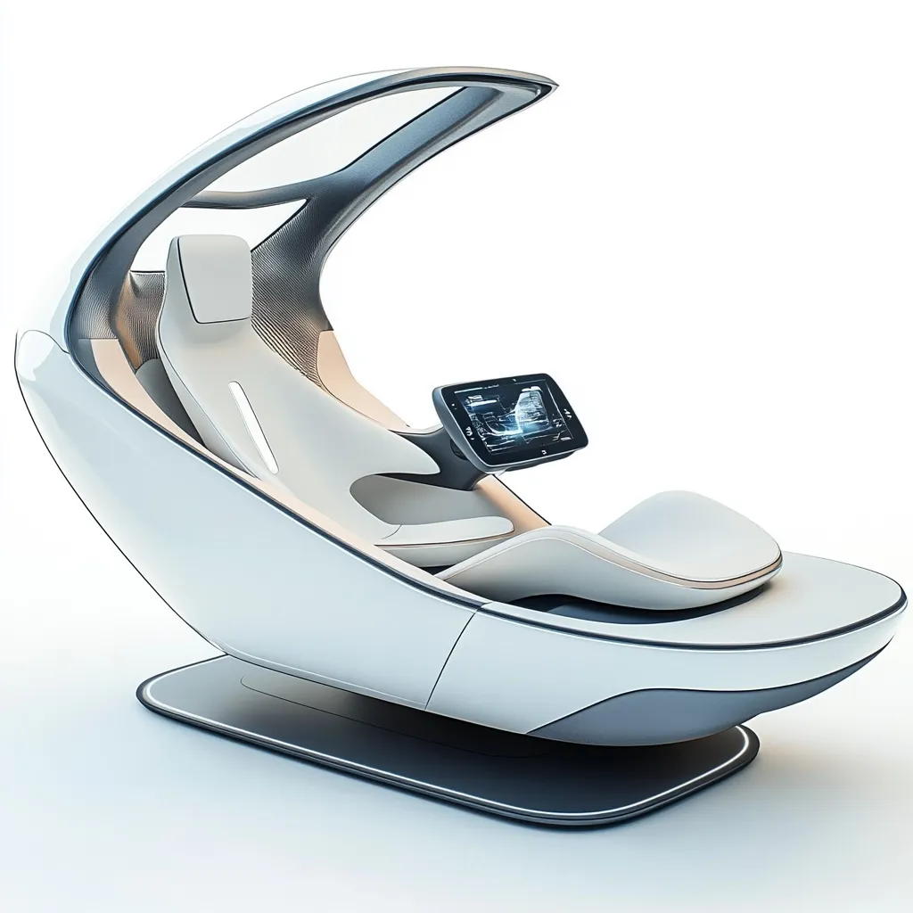 A futuristic, white pod-like chair is shown. It features a sleek, curved design with a canopy overhead and a built-in touchscreen control panel. The chair appears comfortable and luxurious, suggesting advanced technology and personal transportation.  The base is dark grey, contrasting with the white body.  The overall aesthetic is minimalist and modern.