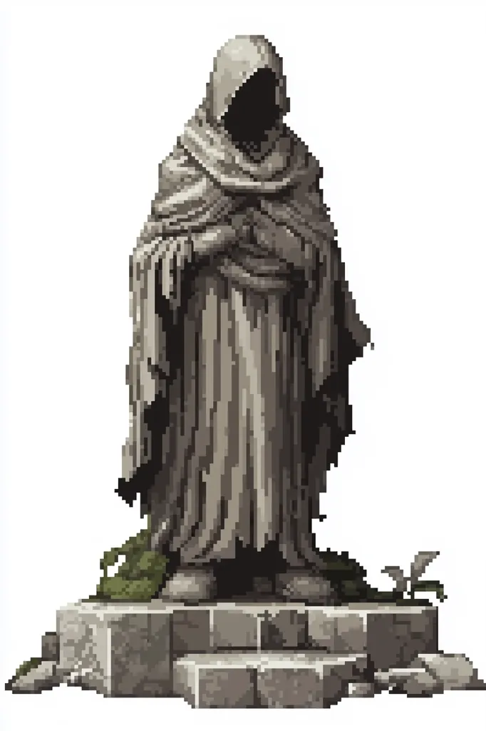 A pixel art depiction of a weathered stone statue. The figure is cloaked and hooded, its features obscured, giving a mysterious and possibly mournful aura. The statue stands on a tiered, crumbling stone base, with hints of overgrown vegetation around it, suggesting age and neglect. The style evokes a sense of antiquity and possibly a graveyard setting.