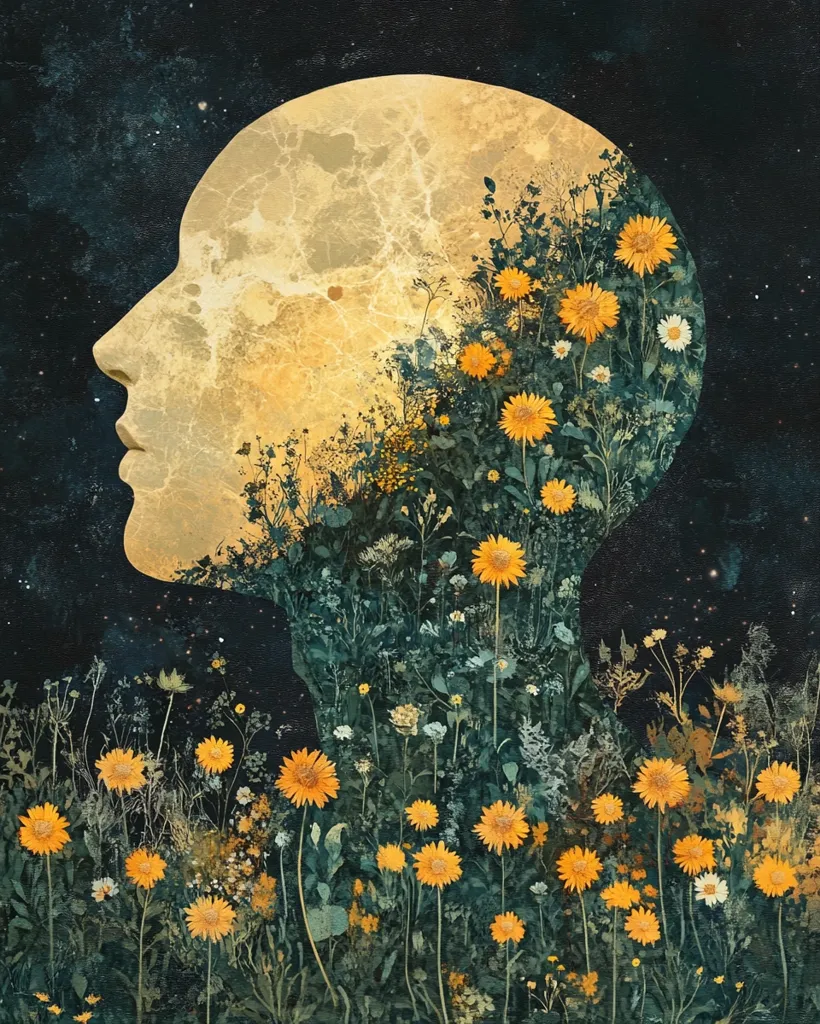 A stylized artwork depicts a human head profile silhouetted against a night sky. The head is filled with a textured, moon-like surface, overlaid with a vibrant field of wildflowers, predominantly yellow. The contrast between the celestial and floral elements creates a surreal and dreamlike effect, suggesting a connection between the inner world and the cosmos.  The overall mood is peaceful and introspective.