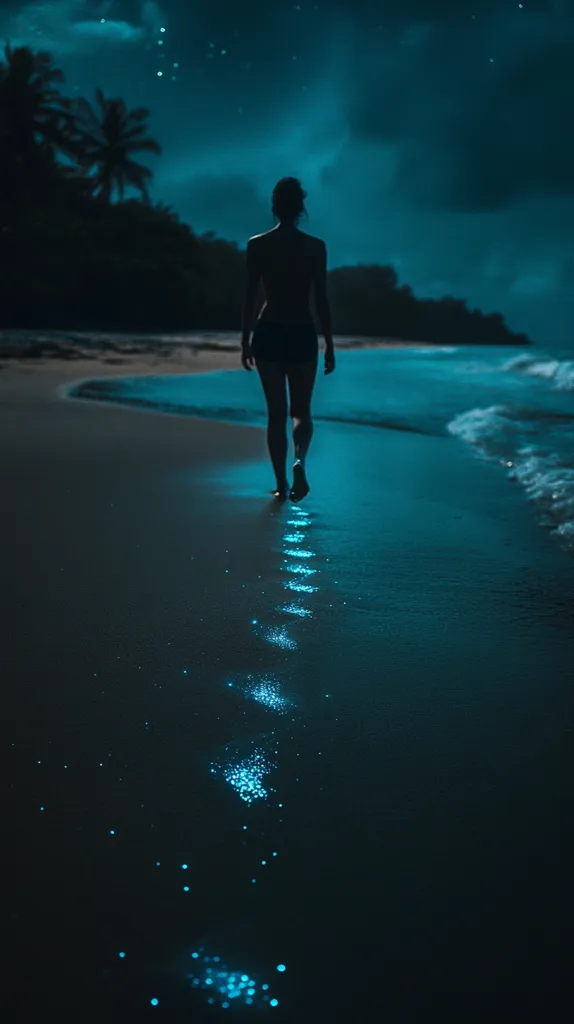 A silhouetted woman walks along a dark beach at night.  The ocean waves gently lap the shore.  Bio-luminescent organisms create a sparkling trail in her wake, illuminating her path as she walks away from the palm trees under a starry sky. The scene is serene and mysterious, filled with a sense of wonder.