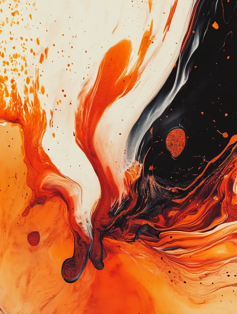 An abstract painting features swirling, fluid forms in shades of fiery orange, creamy off-white, and deep black.  The colors blend and intermingle, creating a dynamic and energetic composition.  Speckles of gold-like pigment add a touch of shimmer and texture. The overall effect is one of vibrant movement and contrasting textures.