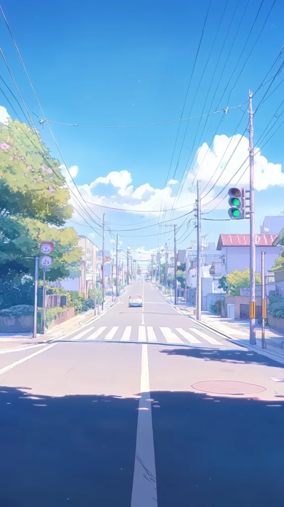 A serene anime-style illustration depicts a quiet residential street on a sunny day.  Lush green trees line the road, and low houses with pastel colors flank the street.  Overhead power lines crisscross the clear blue sky dotted with fluffy white clouds.  A single car is visible in the distance, adding a sense of peaceful solitude to the scene.  The overall palette is soft and dreamy, evoking a calming atmosphere.