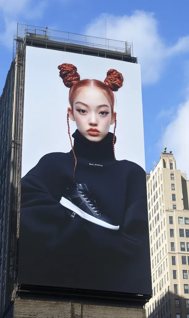 A large billboard displays a fashion advertisement featuring a young woman with vibrant red hair styled in space buns. She's wearing a black turtleneck sweater and black high-top sneakers. The backdrop is a clear sky, contrasting the dark clothing and the model's striking features. The billboard is situated on a city building, showcasing the advertisement in a bustling urban environment.  The overall aesthetic is sleek and modern.