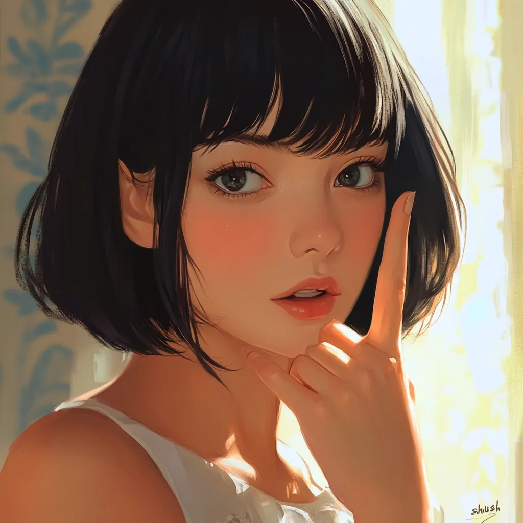 A digital painting of a young woman with short, dark hair and bangs.  She has large, expressive eyes and rosy cheeks, illuminated by warm sunlight.  Her hand rests gently on her chin, creating a pensive or thoughtful expression.  The style is reminiscent of anime or manga, with a focus on soft, realistic shading and lighting.  She wears a simple white sleeveless top.