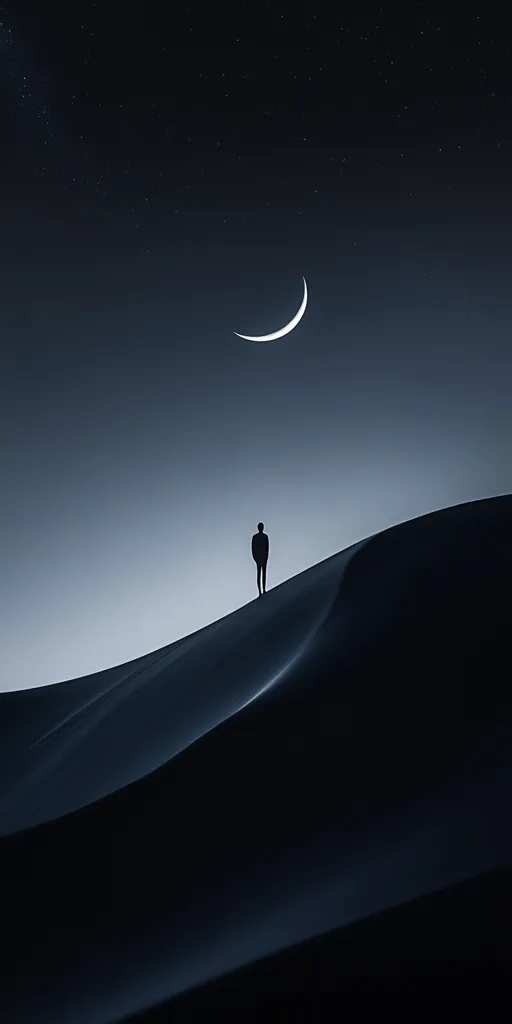 A solitary figure stands silhouetted against a dark, starlit sky.  A crescent moon hangs above a gently sloping, dark dune. The scene is minimalist, emphasizing the vastness of the night and the smallness of the human form. The color palette is predominantly dark blues and blacks, creating a mood of solitude and contemplation.