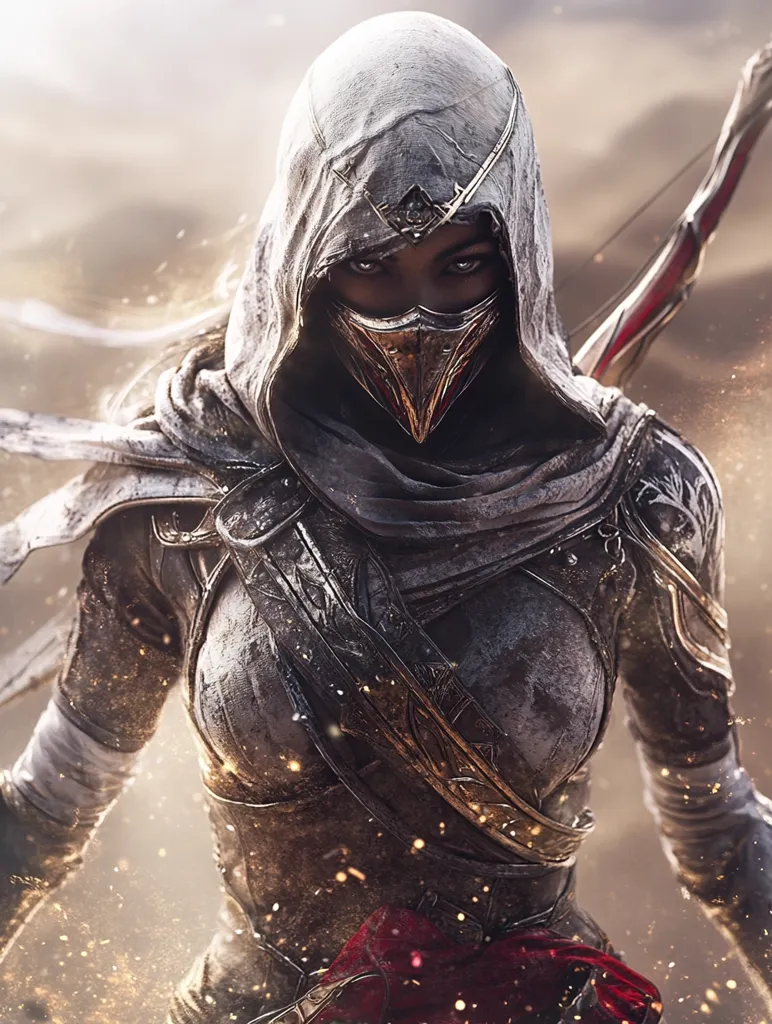 A female archer, cloaked and armored in weathered grey and gold, stands defiantly.  Her hooded face is partially obscured by a metallic mask, revealing only intense eyes.  The background suggests a dusty battlefield, with sparks and swirling dust adding to the dramatic atmosphere.  Her bow, partially visible, hints at her deadly skills. The image evokes a sense of power and mystery.