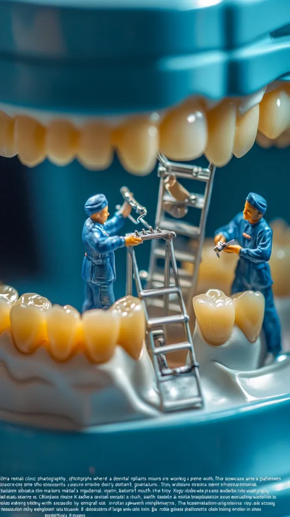 Miniature figures of dentists work on a model of a jaw and teeth.  They use tiny tools and a small ladder within the large-scale model of a mouth. The image is a creative representation of dental work, highlighting the precision and detail involved in the profession. The scene is meticulously crafted with a focus on detail.