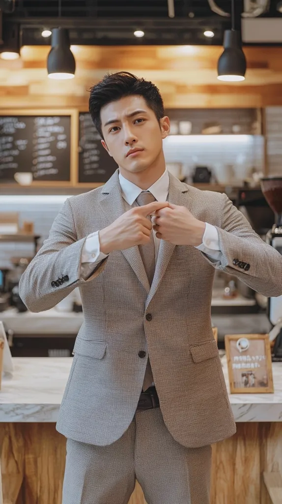 A young man with dark hair stands in a coffee shop, adjusting his light gray suit jacket.  He's looking directly at the camera with a serious expression. The suit is neatly pressed, and he wears a light-colored shirt and tie.  The background is blurred, showing the coffee shop's interior with wooden accents and hanging lights.  The overall image is sharp and well-lit.