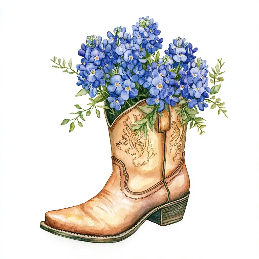 A watercolor painting depicts a light brown cowboy boot filled with a vibrant bouquet of blue forget-me-not flowers.  The boot is detailed with ornate stitching, and the flowers spill over the top, creating a charming, rustic, and floral arrangement. The white background isolates the composition, emphasizing the delicate detail of both the boot and the blossoms.