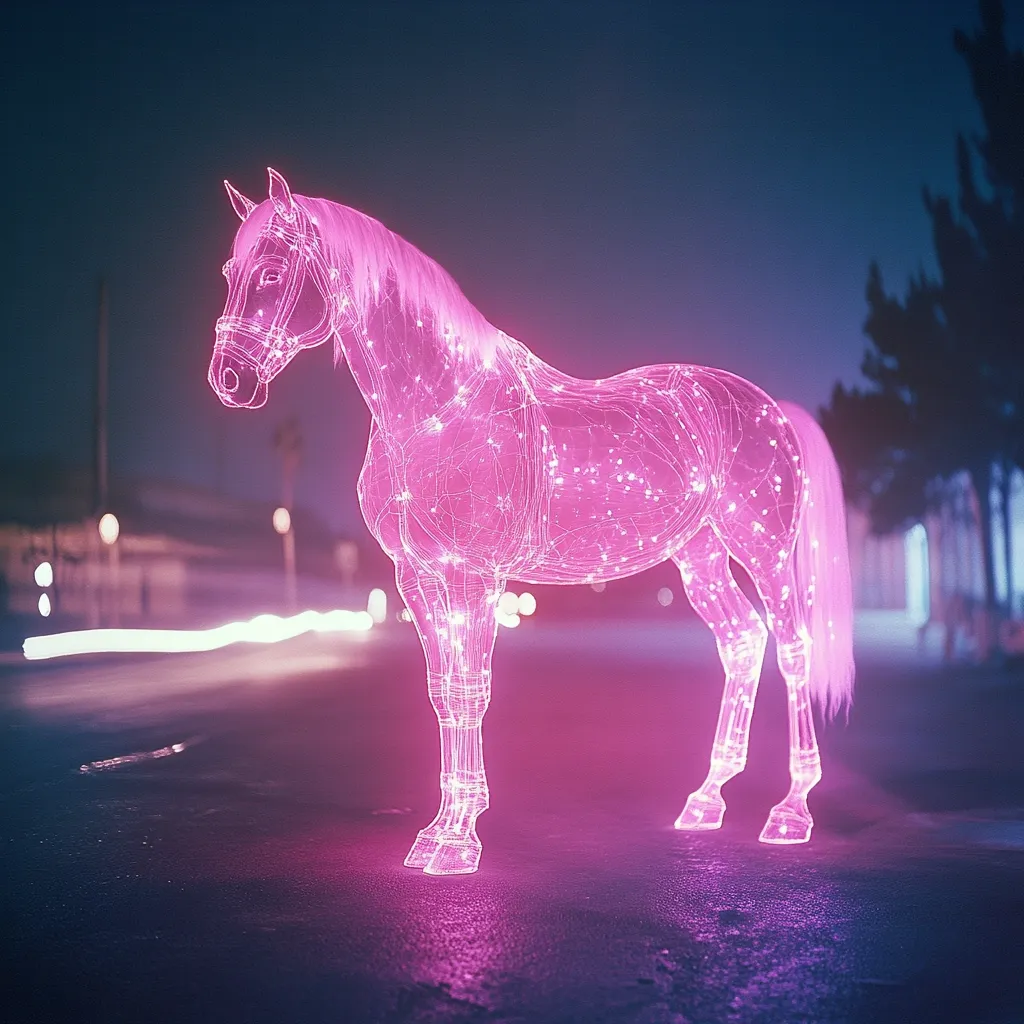 A pink, wireframe horse stands on a dark city street at night.  Its form is composed of glowing lines and points of light, giving it a digital or holographic appearance.  Blurred headlights streak across the background, contrasting the stillness of the ethereal horse.  The scene is moody and evocative, blending reality with digital artistry.
