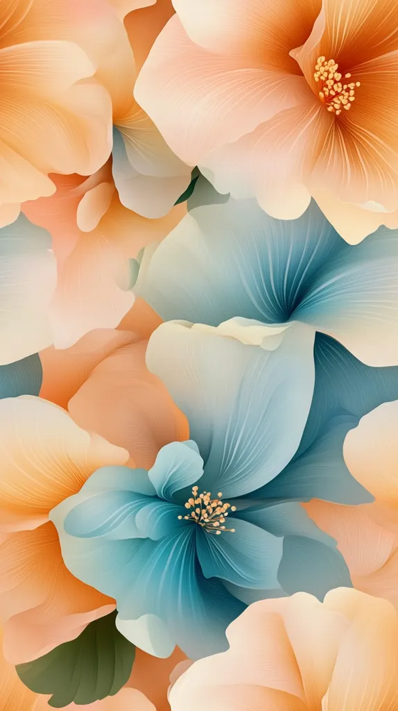 A close-up image showcases a vibrant collection of stylized flowers.  Peach and teal blossoms dominate the composition, their petals rendered with soft, almost translucent shading, creating a dreamy effect. The flowers overlap, creating depth and a sense of lush abundance.  The image has a digitally painted or illustrated quality, with smooth color transitions and a focus on the delicate textures of the petals.