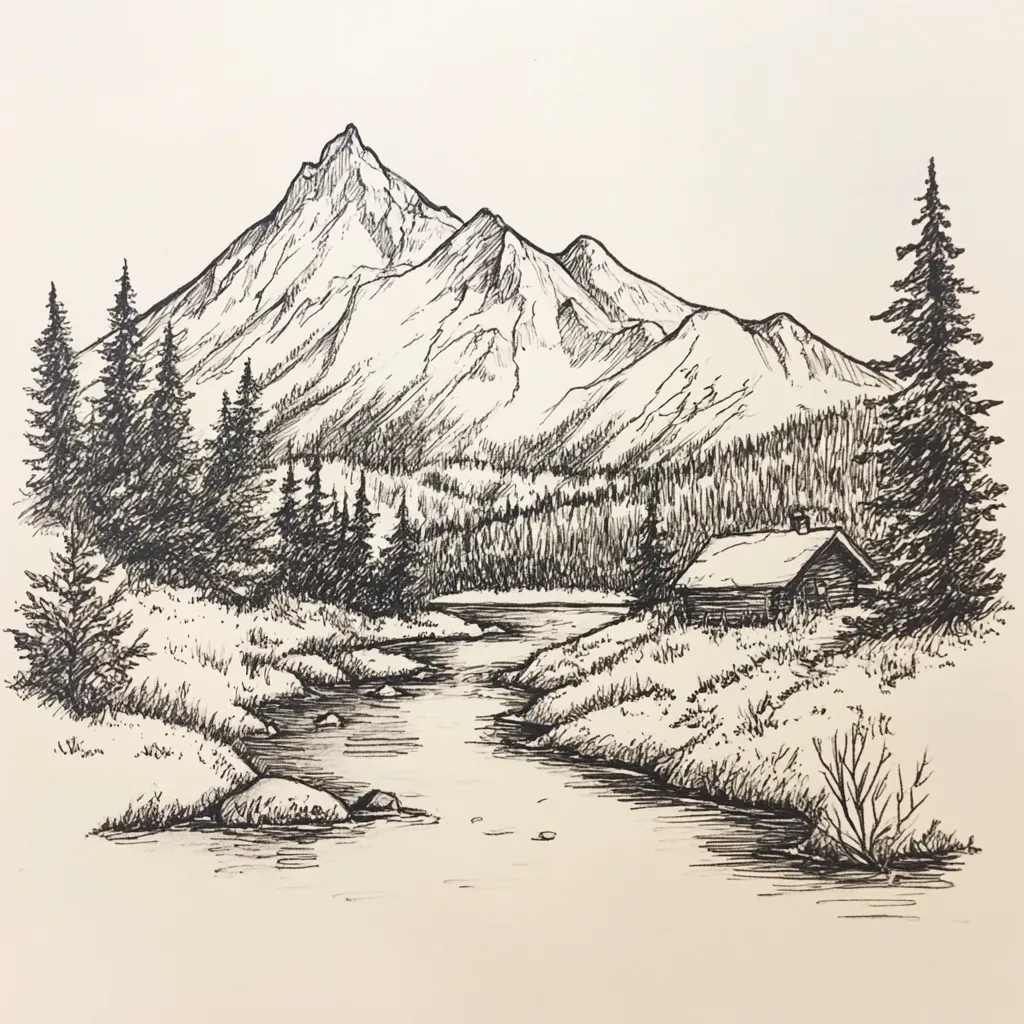 A pen-and-ink drawing depicts a serene mountain landscape.  A winding river flows through a valley, flanked by grassy banks and evergreen trees.  A small cabin sits nestled near the river's edge, with a majestic snow-capped mountain range forming a dramatic backdrop. The detailed lines create a sense of depth and tranquility in the scene.