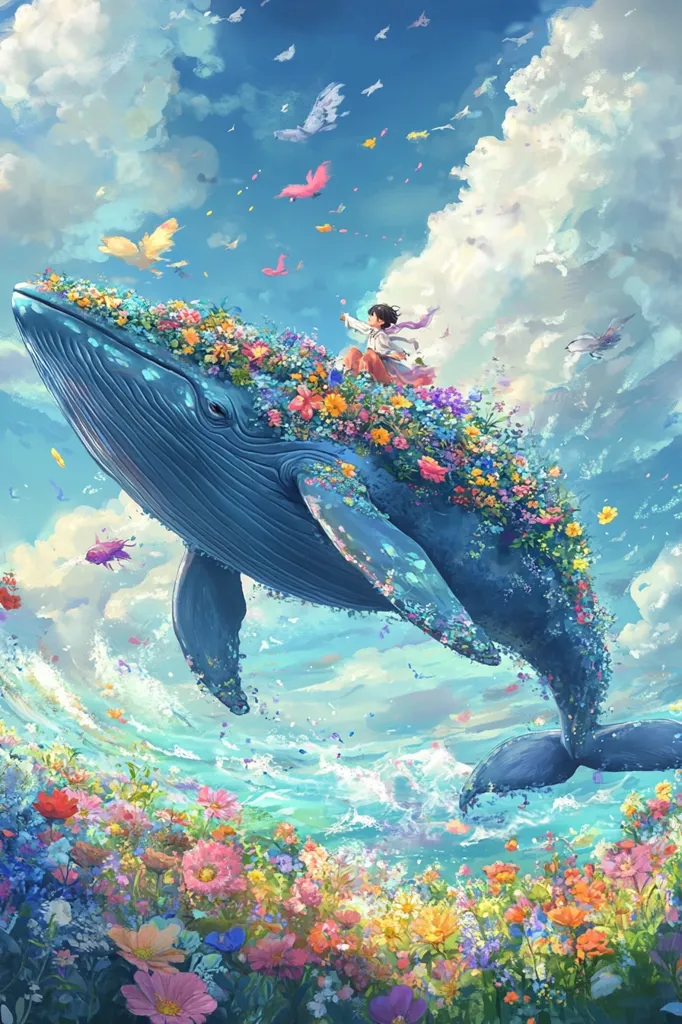 A whimsical illustration depicts a large whale, adorned with vibrant flowers, leaping through a sky filled with colorful butterflies.  A young girl sits atop the whale, her flowing clothes adding to the ethereal scene.  Below, a field of flowers blooms in the turquoise ocean, creating a magical and surreal underwater landscape. The overall mood is peaceful and dreamlike.