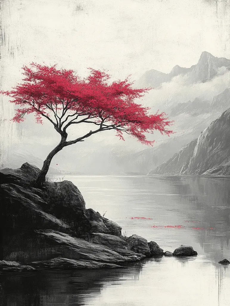 A solitary vibrant crimson tree stands majestically on a rocky shore, overlooking a serene, calm lake.  The background features a misty, monochrome mountain range, creating a stark contrast with the tree's bold color.  The scene evokes a sense of tranquility and peaceful solitude, reminiscent of East Asian landscape art.  A few scattered red leaves float on the water's surface, echoing the tree's color.