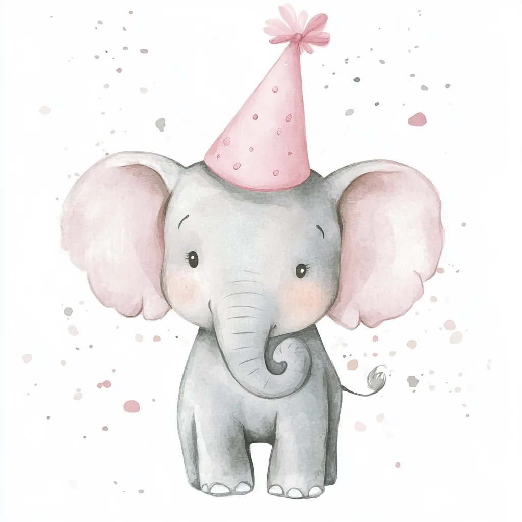 An adorable baby elephant, rendered in watercolor, is the focal point of this charming illustration.  The elephant wears a pink party hat, adding to its festive appearance.  Its large, pink ears and soft gray body are detailed with delicate shading.  A light scattering of pink and gray speckles provides a playful background, enhancing the overall sweet and whimsical feel.