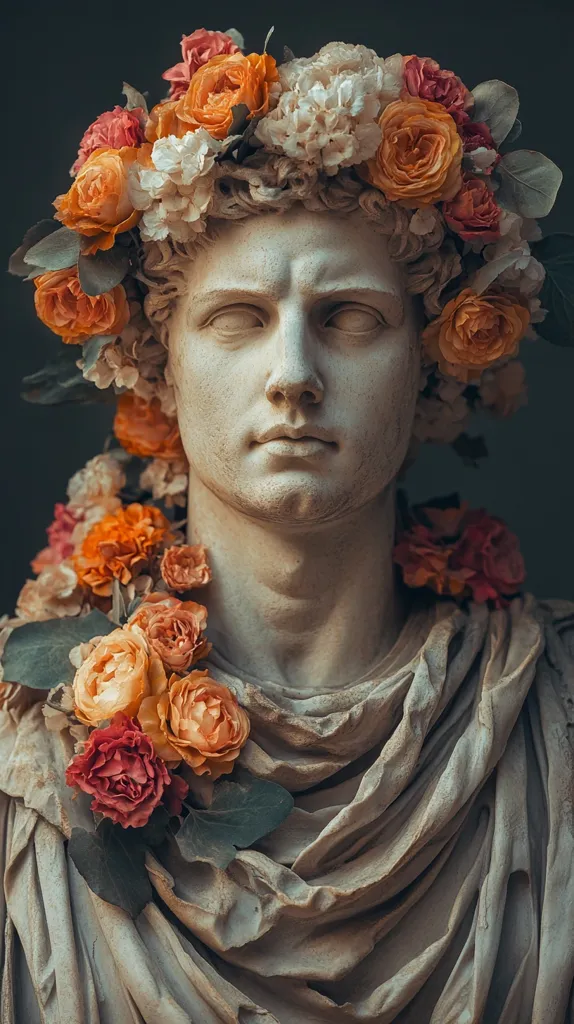 A classical bust of a young man, possibly Roman, is adorned with a crown and draping of dried orange and peach roses and other flowers.  The stone bust's serene expression contrasts with the vibrant, slightly faded blooms. The image evokes a sense of timelessness and beauty, blending antiquity with the ephemeral nature of flowers. The dark background emphasizes the sculpture and its floral embellishments.