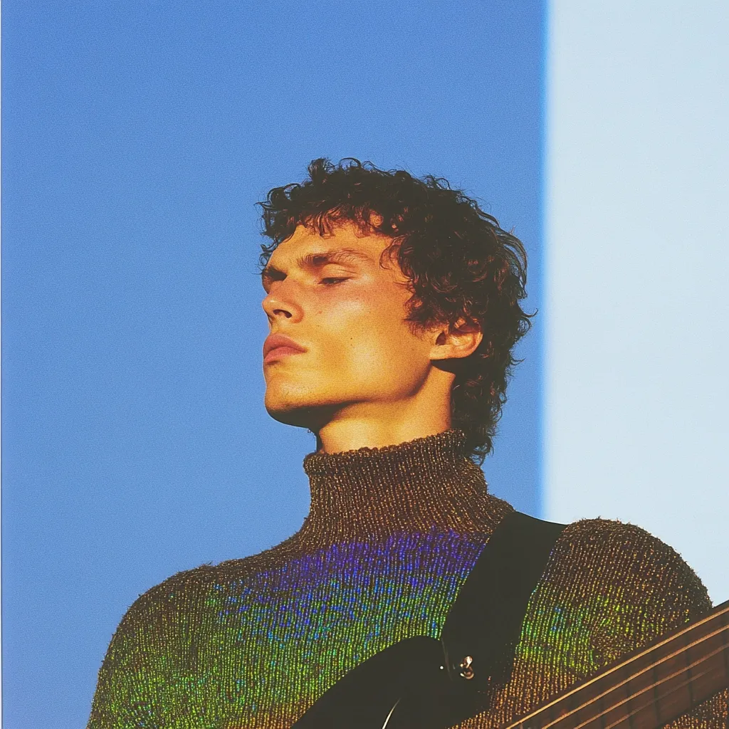 A young man with curly brown hair and sun-kissed skin stands against a vibrant blue sky. He wears a shimmering, multicolored turtleneck sweater and appears to be holding a bass guitar, partially visible in the lower right corner.  His eyes are closed, suggesting a moment of peace or contemplation. The overall aesthetic is one of calm and stylish youth.