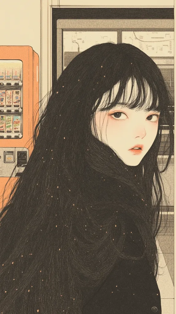 A stylized illustration depicts a young woman with long, dark hair that cascades down her back, interspersed with tiny, light dots.  She has bangs and large, expressive eyes. Her expression is serene, almost melancholic. The background hints at an indoor setting, possibly a hallway or train station, with a vending machine partially visible. The overall style is delicate and reminiscent of a soft pencil sketch.