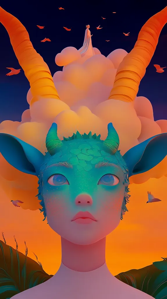 A stylized digital painting depicts a creature with a teal, scaled face and deer-like ears, perched atop a fluffy, orange cloud.  Large, curved, orange horns arc above the creature's head. A small, white-robed figure stands atop the cloud, silhouetted against the setting sun.  Small birds fly around the scene, set against a vibrant orange and deep blue sky. The overall style is surreal and dreamlike.