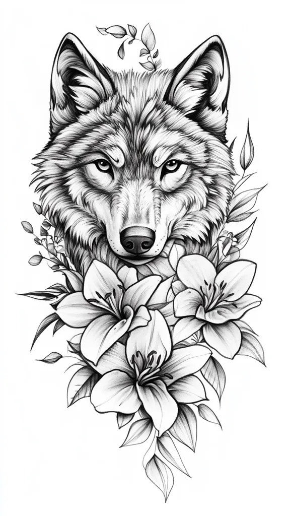 A detailed pencil sketch depicts a wolf's head, framed by a lush arrangement of lilies and foliage.  The wolf's gaze is intense, its fur meticulously rendered with shading to create depth and texture.  The flowers are equally detailed, with delicate petals and leaves adding a contrasting softness to the overall design.  The monochromatic palette enhances the graphic nature of the artwork, suitable for a tattoo or print.