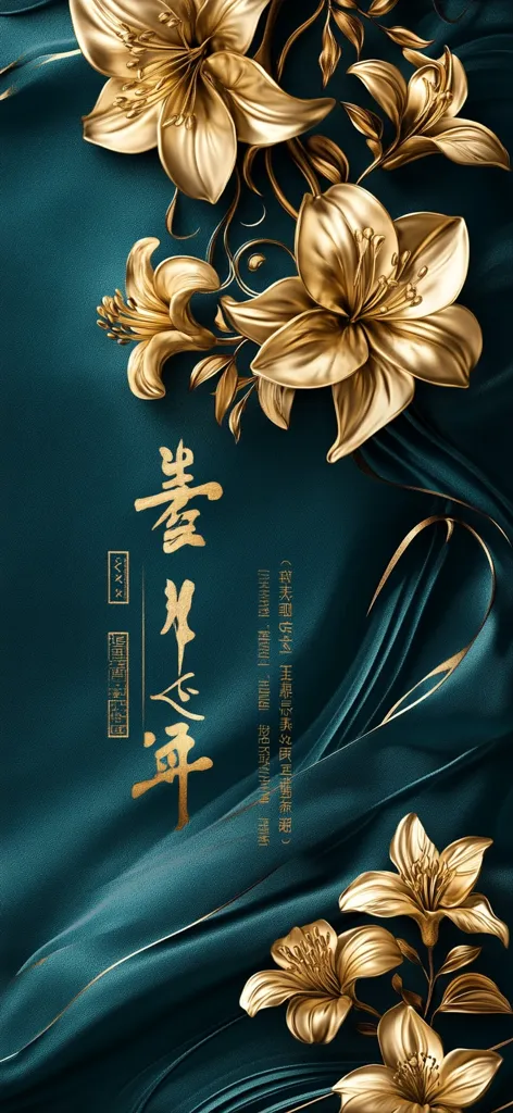 A luxurious design features gold lilies rendered in 3D, elegantly arranged on a deep teal, flowing fabric backdrop.  The gold lilies are meticulously detailed, creating a sense of opulence and sophistication.  Chinese characters are subtly incorporated, adding a cultural element to the artwork. The overall impression is one of refined elegance and festive celebration.
