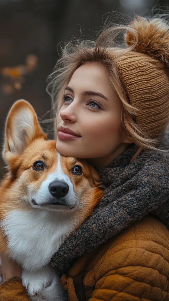 A young woman with blonde hair, wearing a brown knit hat and matching quilted jacket, embraces a fluffy corgi dog.  Her head rests gently on the dog's, and she gazes upward with a serene expression. The image is softly lit, with a blurred autumnal background. The overall mood is one of warmth and companionship.