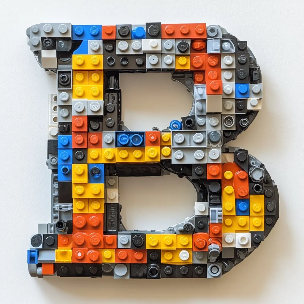 A large letter "B" is constructed entirely from LEGO bricks.  The bricks are predominantly gray, black, red, yellow, and blue, arranged in a seemingly random but visually appealing pattern.  The letter is viewed from a slightly elevated angle against a plain white background, highlighting the texture and color variations of the LEGO bricks.