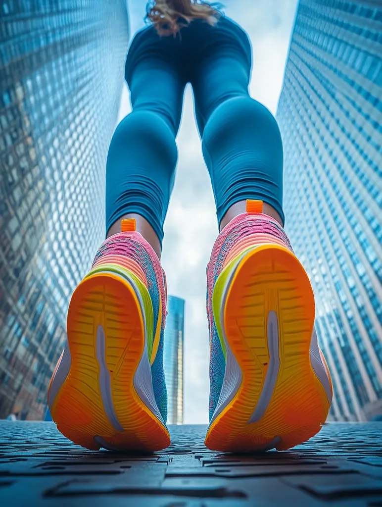 A low-angle close-up shot focuses on the colorful soles of athletic shoes worn by a person in teal leggings. The individual stands between tall, modern buildings, creating a sense of scale and urban dynamism. The bright footwear contrasts with the cool-toned urban backdrop, suggesting a theme of fitness and city life. The image emphasizes the perspective from the ground, looking upwards.