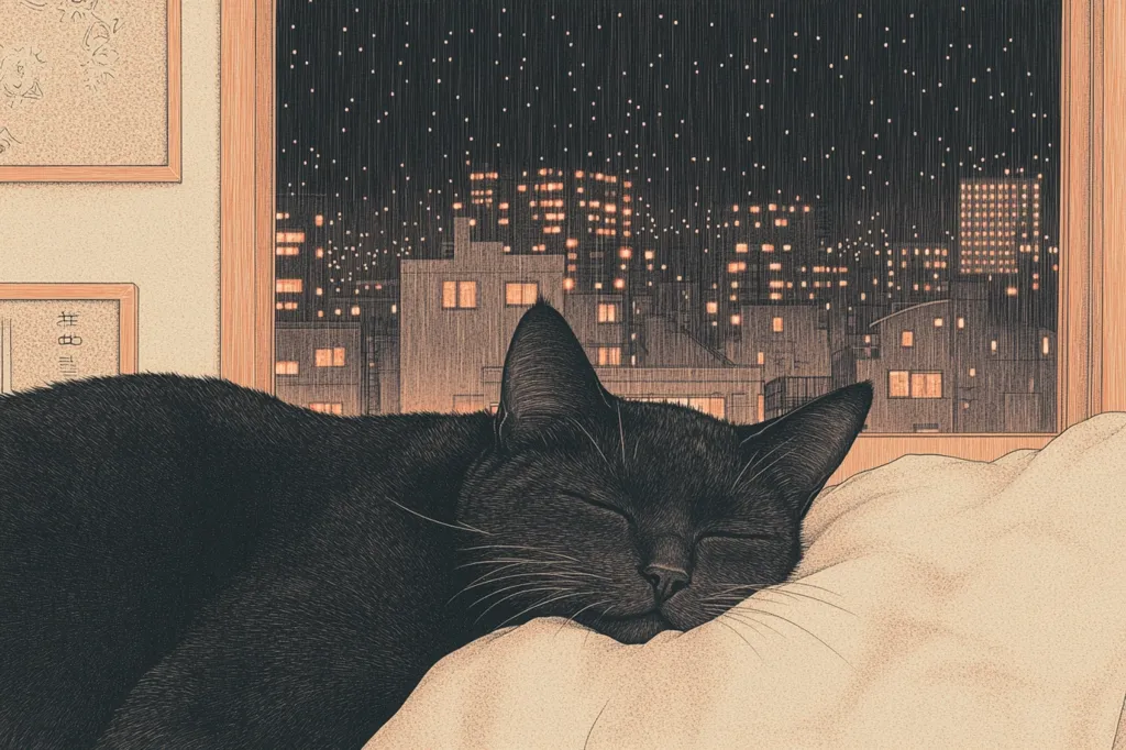 A black cat sleeps soundly on a pillow, its eyes closed peacefully.  The window behind shows a rainy night scene over a city skyline twinkling with distant lights.  Rain streaks the glass, adding to the serene, nighttime atmosphere. The image is rendered in a soft, detailed style, evoking a feeling of calm and comfort.