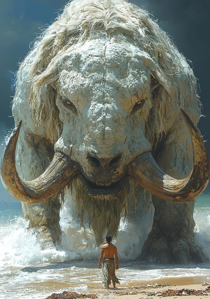 A colossal, white, mammoth-like creature emerges from the ocean waves. Its massive tusks and intense gaze command attention.  A lone, bare-chested man stands on the shore, dwarfed by the beast's immense size, seemingly facing an ominous encounter. The scene is dramatic, highlighting the power of nature and a possible confrontation between man and myth. The creature's texture suggests stone or ancient material, adding to its otherworldly aura.