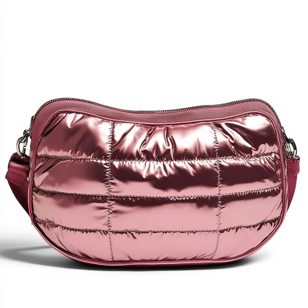 A metallic rose-gold quilted crossbody bag.  The bag is curved, with a zipper closure and a removable strap.  Its padded design and shiny finish give it a modern, stylish look.  Perfect for everyday use or a night out.