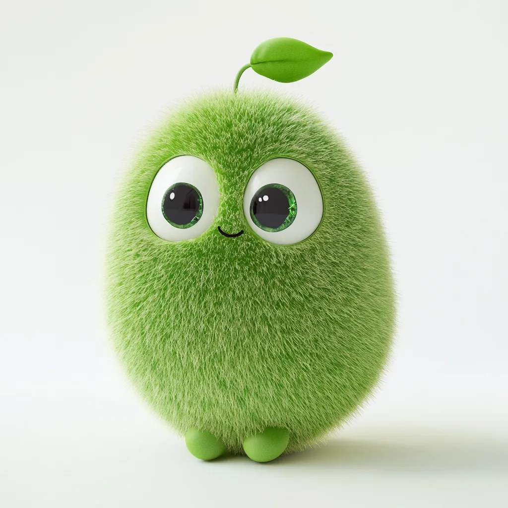 A cute, green, furry creature with large, expressive eyes and a small leaf on its head sits on a white background.  Its body is covered in soft, light green fur, and it has a small, happy smile.  The character has a simplistic, charming design, evoking feelings of warmth and friendliness.  It appears to be a digitally rendered illustration.
