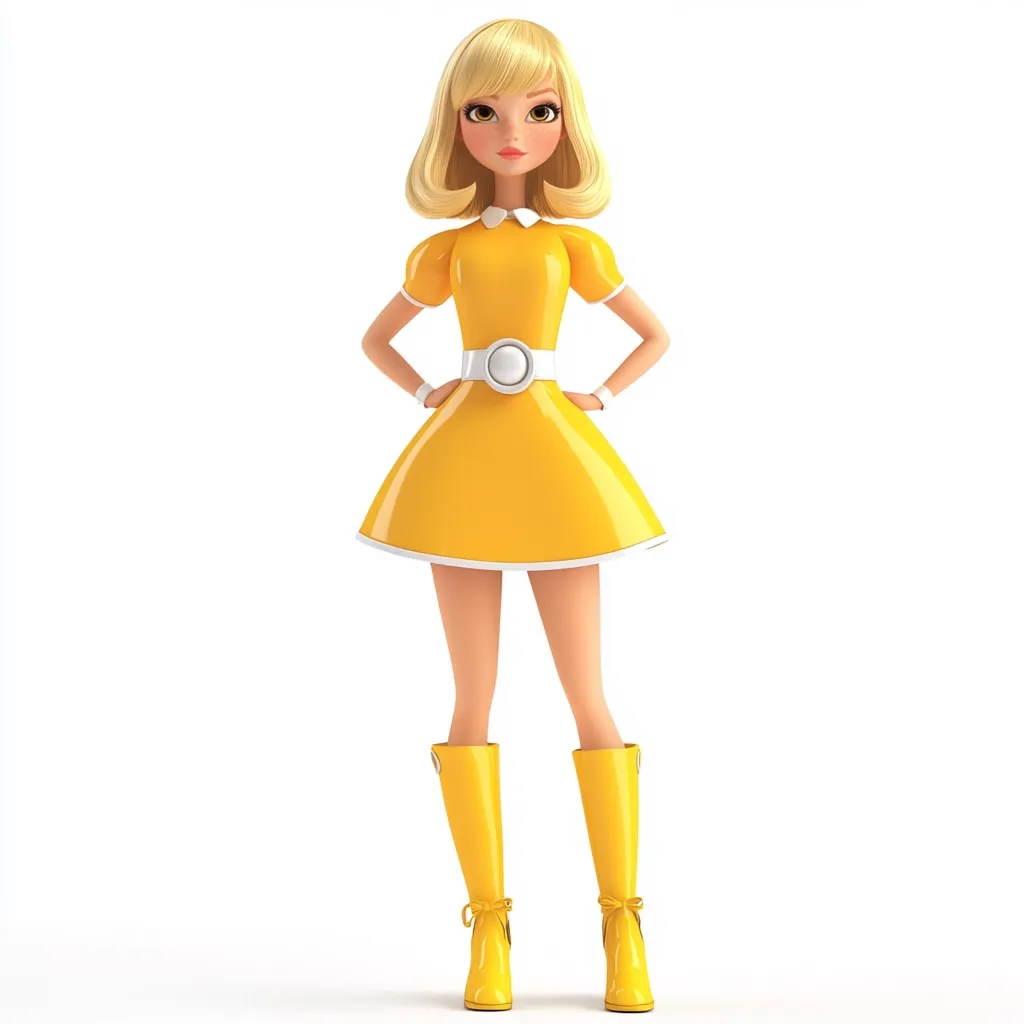 A 3D-rendered cartoon girl stands confidently. She sports a vibrant yellow, short-sleeved A-line dress cinched with a white belt. Her blonde bob and matching yellow boots complete the retro-chic look.  Hands on hips, she exudes a playful yet poised demeanor against a stark white background. The style is reminiscent of 1960s fashion.