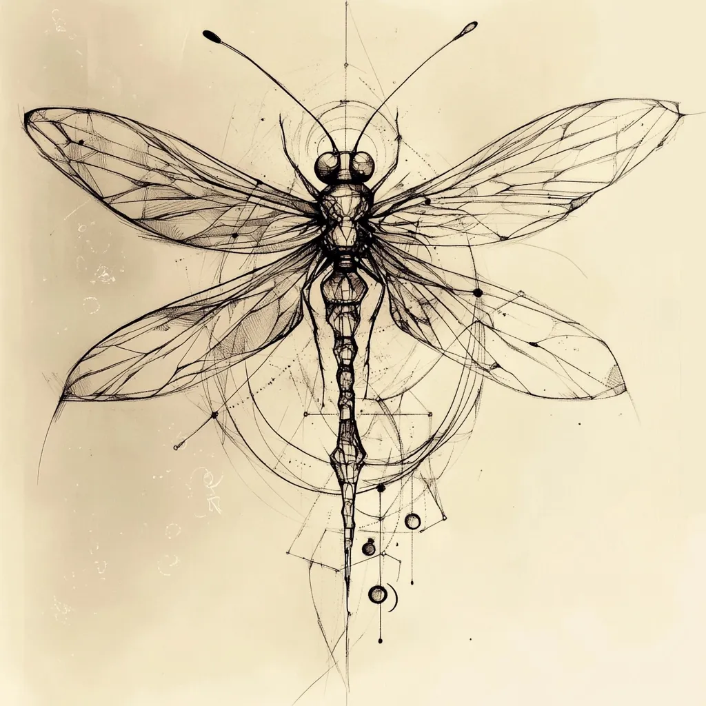 An intricate pen-and-ink drawing depicts a dragonfly rendered in a geometric style.  Its wings and body are composed of intersecting lines and shapes, creating a delicate yet structured form.  The dragonfly is centrally positioned, surrounded by subtly drawn geometric circles and lines that suggest a sense of balance and precision. The overall effect is both artistic and scientific, blending nature and geometry.