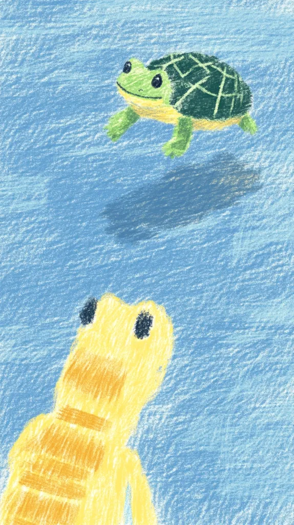 A whimsical crayon-like illustration depicts a small green turtle swimming above a larger, yellow turtle-like creature.  The background is a textured light blue, suggesting water. The smaller turtle appears to be looking down at the larger one, creating a playful, curious scene. The style is childlike and charming, with soft, blended colors.